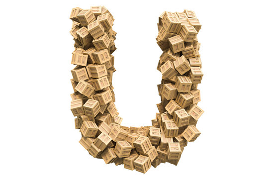 Letter U from wooden boxes. 3D rendering