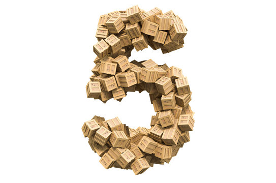 Number 5 from wooden boxes. 3D rendering