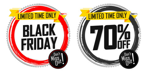 Black Friday Sale, 70% off, banners design template, discount tags, season offers, vector illustration