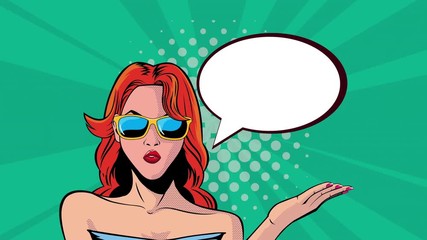 Wall Mural - pop art style animation with sexi woman wearing sunglasses and speech bubble