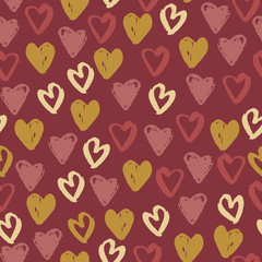 Canvas Print - Amour heart elements seamless pattern. Simple love ornament in pastel palette on maroon background.