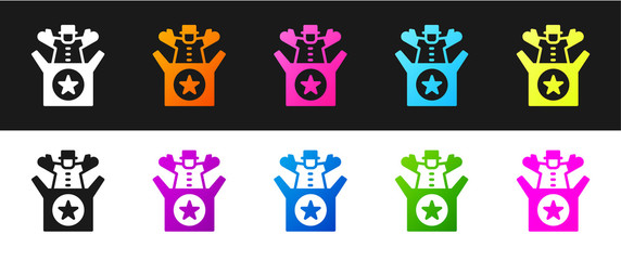 Sticker - Set Jack in the box toy icon isolated on black and white background. Jester out of the box. Vector.