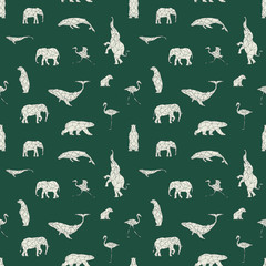 Poster - Seamless pattern with polygon animals. Low poly bear, flamingo, whale, elephant. Triangle graphic, origami style. Abstract geometric modern design. Vector illustration for fabric, printing, t-shirts