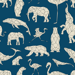 Poster - Seamless pattern with polygon animals. Low poly bear, flamingo, whale, elephant. Triangle graphic, origami style. Abstract geometric modern design. Vector illustration for fabric, printing, t-shirts
