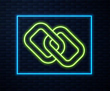 Glowing Neon Line Chain Link Icon Isolated On Brick Wall Background. Link Single. Hyperlink Chain Symbol. Vector.