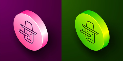 Poster - Isometric line Pinocchio icon isolated on purple and green background. Circle button. Vector.