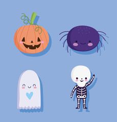 Sticker - happy halloween, spider ghost pumpkin and skeleton costume trick or treat party celebration