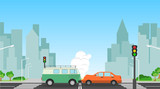 Fototapeta  - Accident, traffic accident. Accident of two cars against the background of the cityscape. Vector, cartoon illustration.