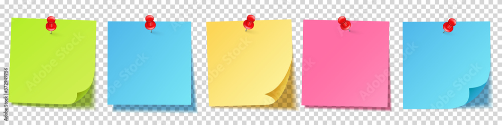 Realistic blank sticky notes isolated on white background. Colorful sheets of note papers with push pin. Paper reminder. Vector illustration. - obrazy, fototapety, plakaty 