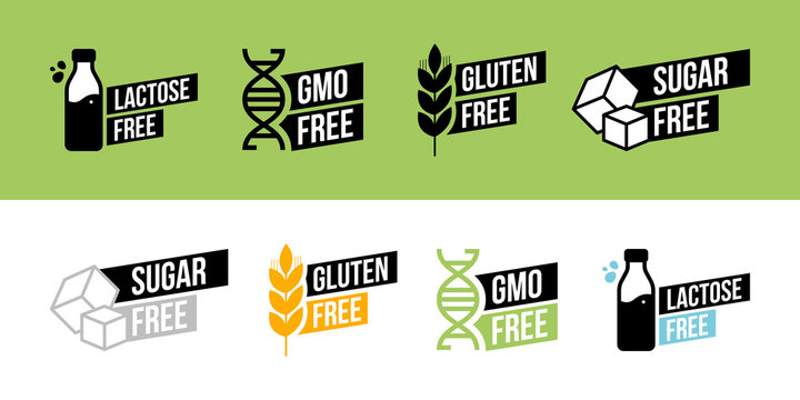 Wall Mural - Lactose free, Sugar free, Gluten free, GMO free vector labels for food emblems designs, can be used as stamps, seals, badges, for packaging etc.