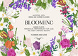 © Lisla - Blooming. Summer wedding invitation with garden flowers. Horizontal. Iris, tulip, bell, ranunculus, forest anemone, lilac, star of Bethlehem, clove.