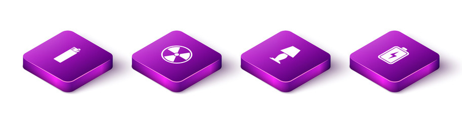 Sticker - Set Isometric Lighter, Radioactive, Table lamp and Battery icon. Vector.