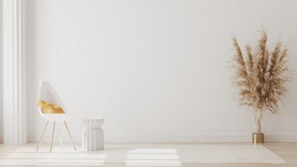 Wall Mural - empty room interior with column and white chair with yellow pillow, coffee table on white wall backg