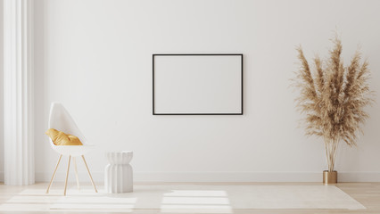 Wall Mural - blank picture frame on white wall in empty room with column and white chair with yellow pillow, coff