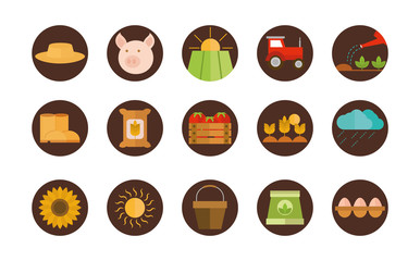 Poster - agriculture work equipment farm cartoon block and flat icons set