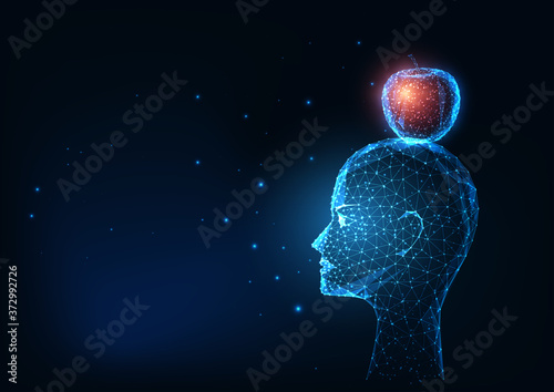 Fotografía Futuristic glowing low polygonal human head and red apple isolated on dark blue