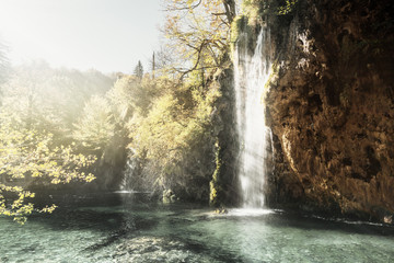Canvas Print - waterfall in forest, plitvice lakes, croatia