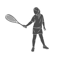 Wall Mural - Silhouette young woman does an exercise with a racket on her right hand in squash on a white background. Squash game training. Vector illustration