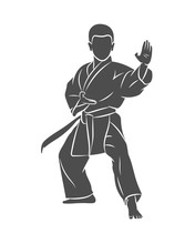 Silhouette Young Boy In Kimono Training Karate On A White Background. Vector Illustration