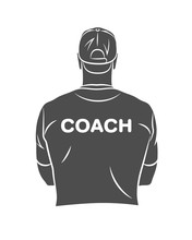 Silhouette Sports Coach Stands With His Back In A T-shirt And Baseball Cap. Background For Sports Or Coaching Theme On A White Background. Vector Illustration