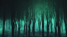 3D Halloween Landscape With Spooky Foggy Forest