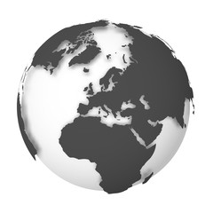 Poster - Earth globe. 3D world map with white lands dropping shadows on light grey seas and oceans. Vector illustration
