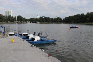 Wall Mural - boat station in Minsk with building and pier