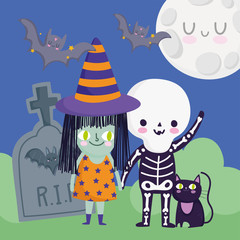 Sticker - happy halloween, kids with skeleton and witch costume cat tombstone trick or treat party celebration