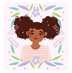 Wall Mural - afro american woman bun hair style cartoon flowers portrait