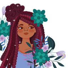 Wall Mural - afro american woman cartoon with flowers and leaves