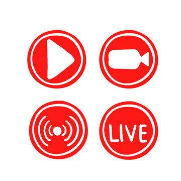 Set hand drawn of live streaming icons. Set of video broadcasting and live streaming icon. Button, red symbols for TV, news, movies, shows. doodle