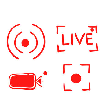 Set hand drawn of live streaming icons. Set of video broadcasting and live streaming icon. Button, red symbols for TV, news, movies, shows. doodle