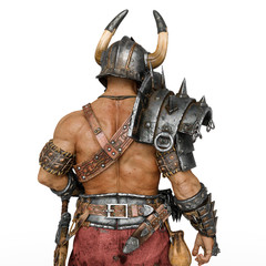 epic warrior man in white background rear view close up