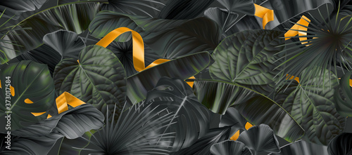 Photographie Dark jungle leaves with gold ribbons seamless pattern, 3d vector realistic backg