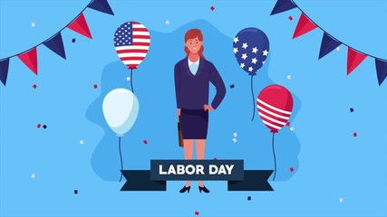 Poster - happy labor day celebration with usa flag in balloons helium and businesswoman