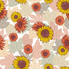 Wall Mural - seamless pattern with fall leaf, abstract leaf texture with sunflowers design