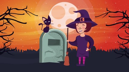 Canvas Print - happy halloween animated scene with witch in cemetery