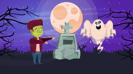 Canvas Print - happy halloween animated scene with frankstein and ghost in cemetery