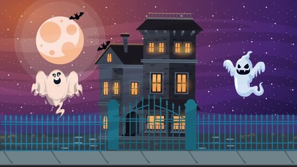 Wall Mural - happy halloween animated scene with ghosts in haunted house