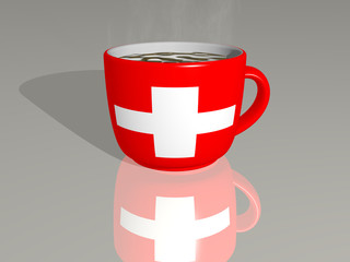 Poster - SWITZERLAND placed on a cup of hot coffee mirrored on the floor in a 3D illustration with realistic perspective and shadows, 3D illustration
