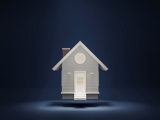 Wall Mural - A small house floating on a dark blue background. A light shining from above Make the house look brighter,3d render