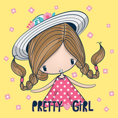 Wall Mural - Cute pigtail girl in pink dress wearing summer hat with flower on yellow background illustration vector.