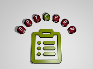 Fototapete - NOTEPAD icon surrounded by the text of individual letters, 3D illustration