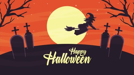 Sticker - happy halloween animated scene with witch flying in moon and cemetery