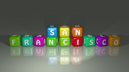 Poster - San Francisco combined by dice letters and color crossing for the related meanings of the concept, 3D illustration