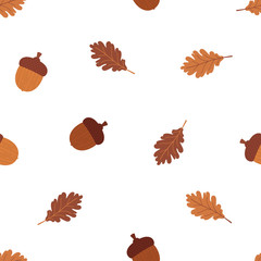 Wall Mural - Cartoon acorns and oak leaves vector seamless pattern background for autumn, fall design.