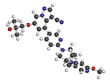 Selpercatinib cancer drug molecule. 3D rendering. Atoms are represented as spheres with conventional color coding: hydrogen (white), carbon (grey), nitrogen (blue), oxygen (red).