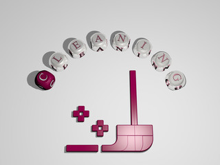 Poster - CLEANING 3D icon surrounded by the text of cubic letters, 3D illustration