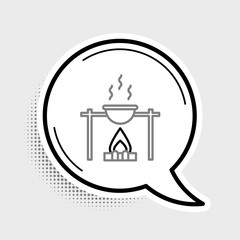 Sticker - Line Campfire and pot icon isolated on grey background. Fire camping cooking in cauldron on firewood and flame. Colorful outline concept. Vector.