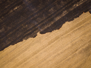 Aerial photography of the burning and scorched dry fields. Dry grass burns in the reserve. Natural disaster. The ground is covered with black ash after the fire. Top view drone shot. Beauty of earth.